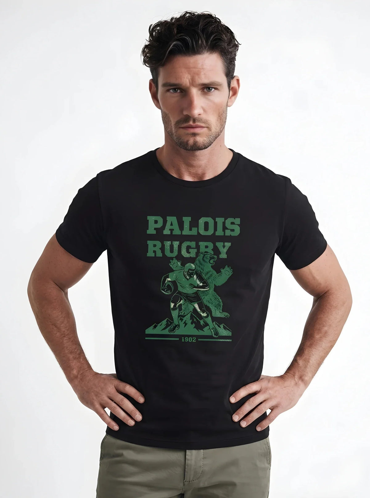 T-shirt rugby Palois Ballon Ovale blanc, vue face joueur et ours Pyrénées