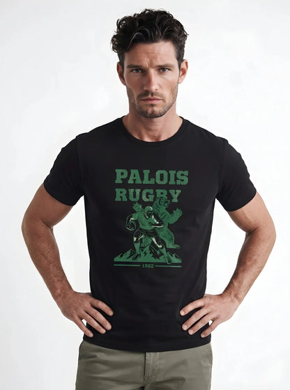T-shirt rugby Palois Ballon Ovale blanc, vue face joueur et ours Pyrénées