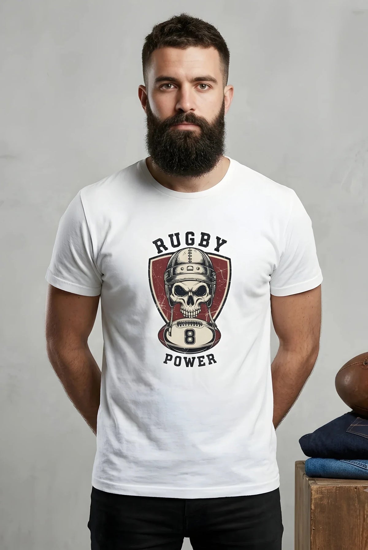 T-shirt rugby Vintage Power 8 blanc, vue face crâne casque cuir rétro