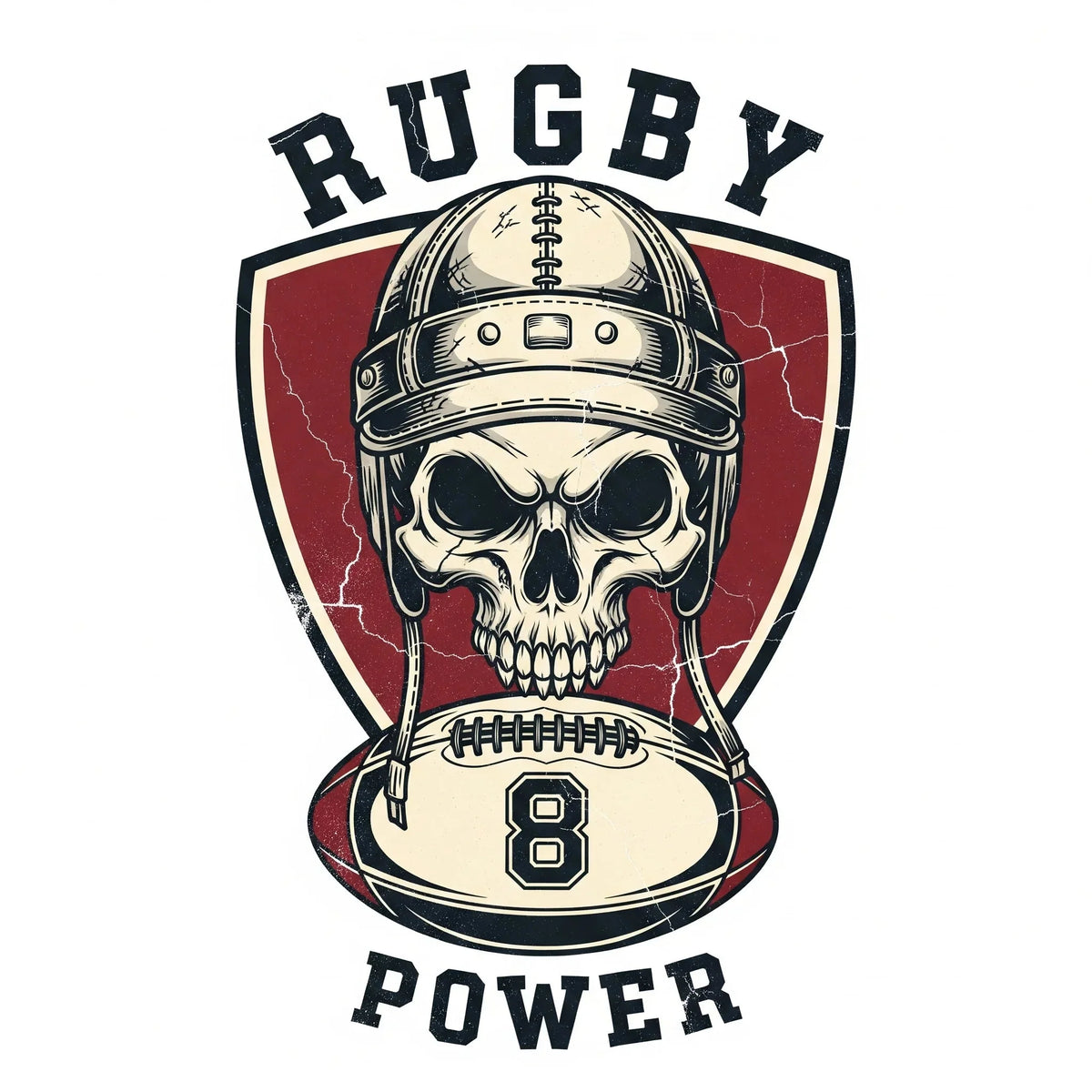 T-shirt rugby Vintage Power 8, détail blason vintage rouge et numéro 8
